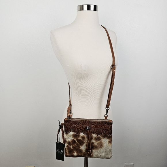 Myra Ornate Brown Leather & HairOn Shoulder Crossbody Purse NWT - Picture 1 of 9